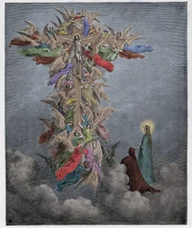 Paradies, 14. Gesang: Dante und Beatrice sehen die Engel mit Christus am Kreuz, Illustration aus der Göttlichen Komödie von Dante Alighieri, 1885
